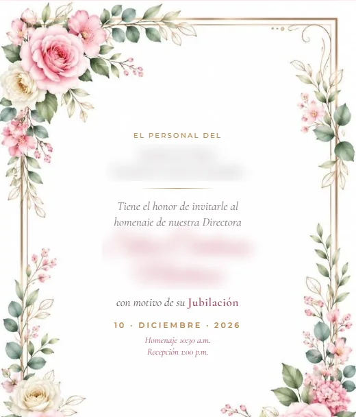 Invitación con marco floral en rosa y dorado, con los nombres ocultos